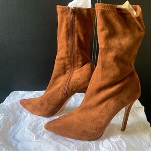 suede brown sock boot heels